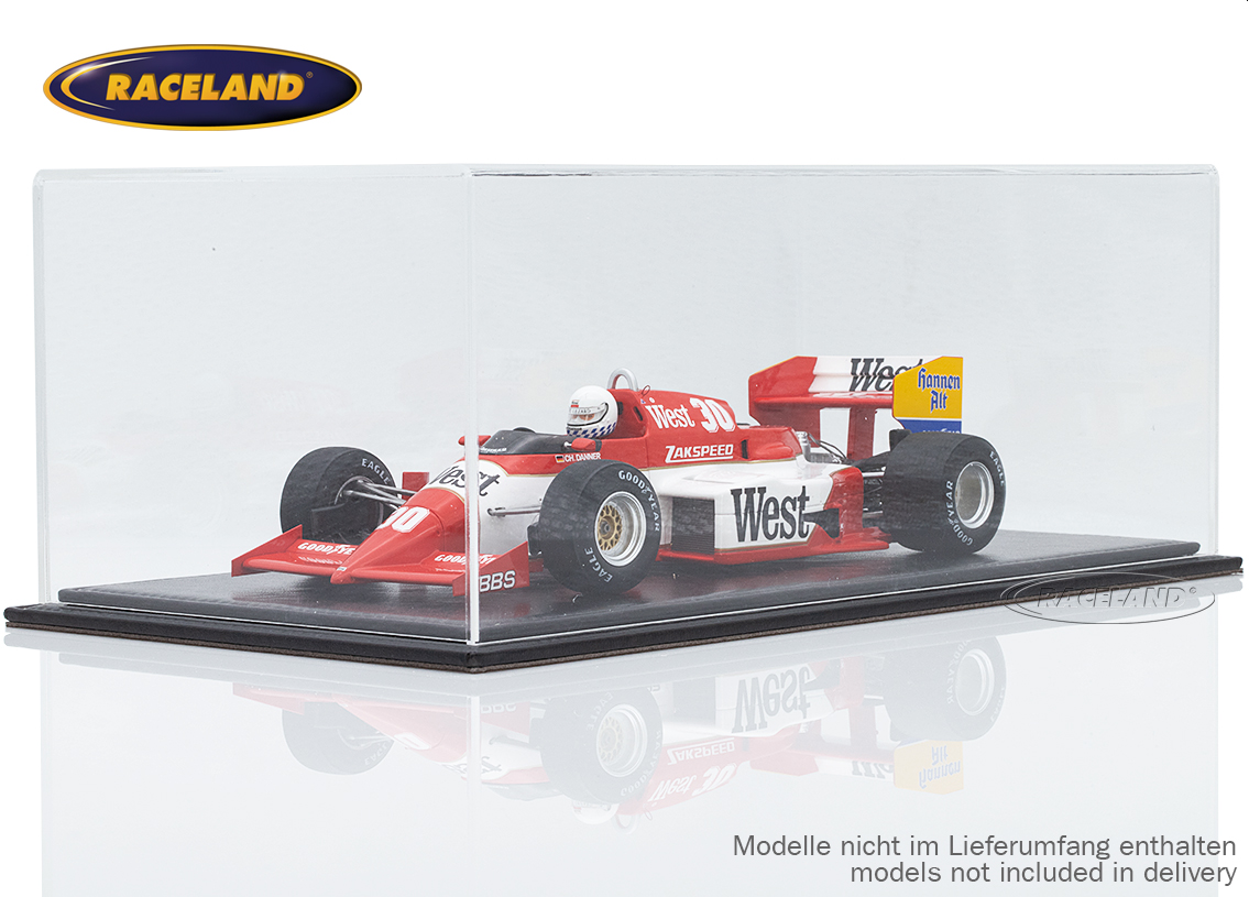 Modell-Vitrine Maßstab 1:18 mit schwarzem Ledersockel und Plexiabdeckung