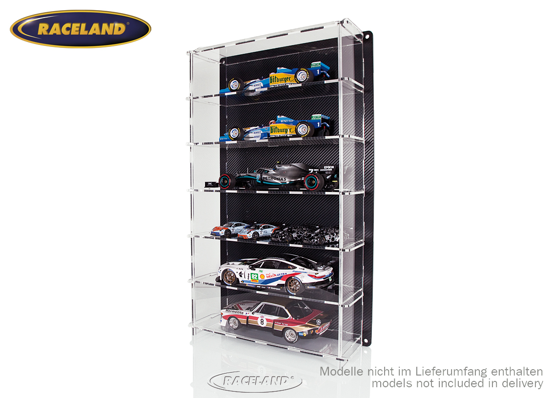 Plexiglas-Wandvitrine Multicase mit Carbon-Design Rückwand