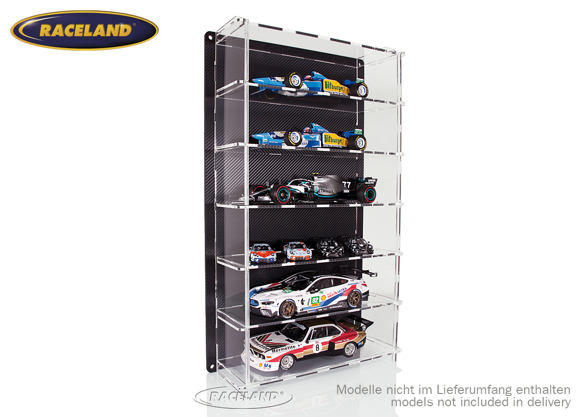Plexiglas-Wandvitrine Multicase mit Carbon-Design Rückwand